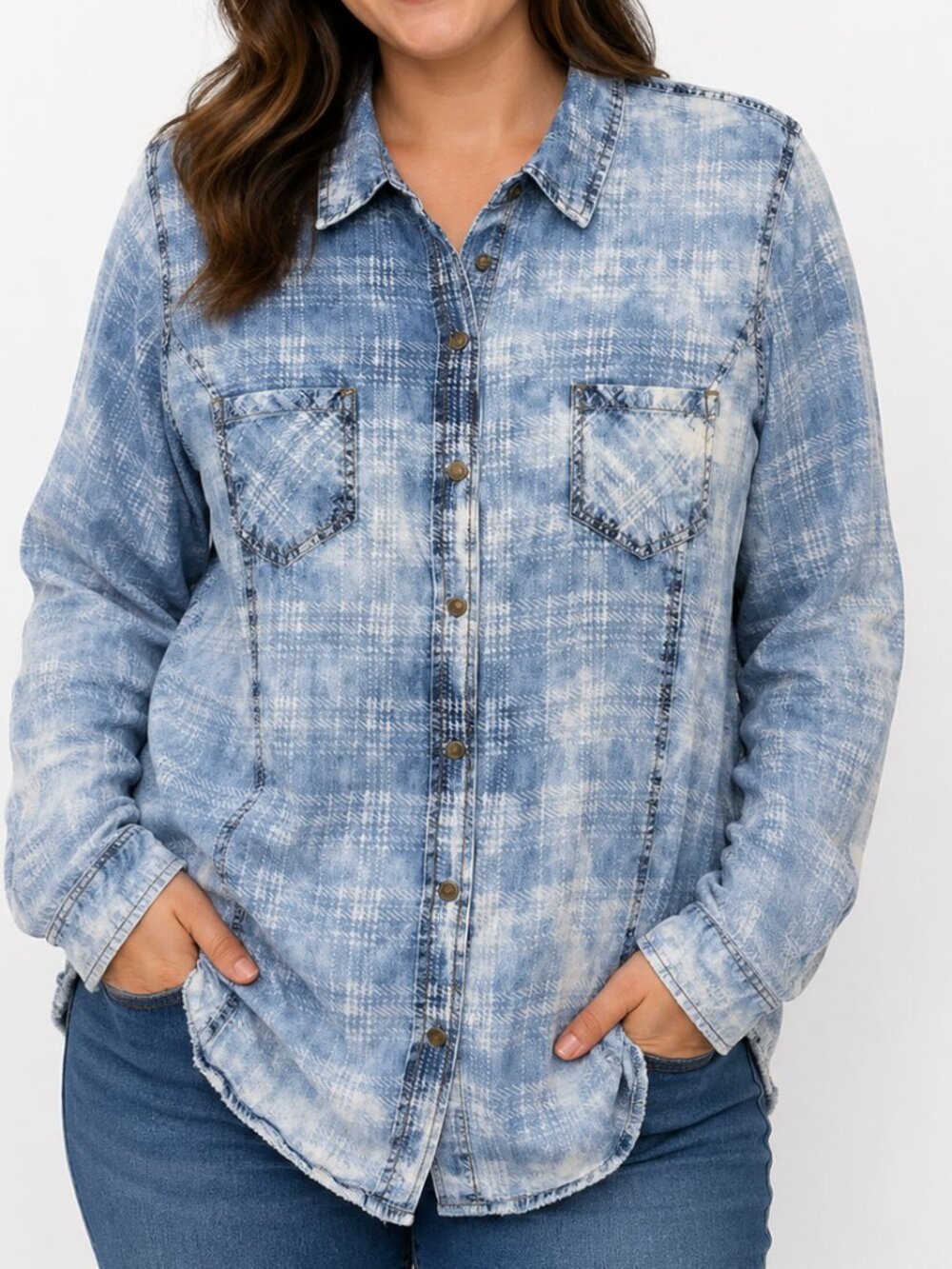 Tribal Jeans Women’s Large Plaid Denim Shirt Fitted Snap Front 100% Cotton